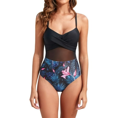 LEEYNEER Women One Piece Vintage Swimsuit Retro Halter Ruched High Waist Mesh Bikini with Bottom Monkini Swimsuit for Women