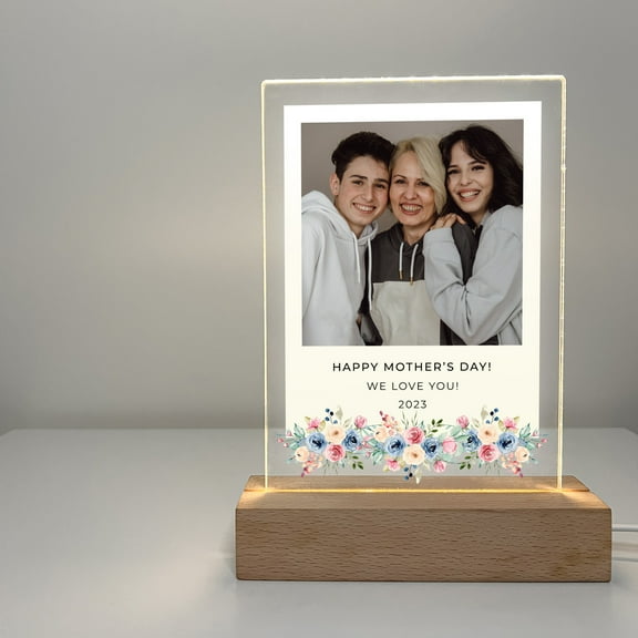 Personalized Photo Wood Stand Night Light Up Lamp LED Any Picture Custom Text Free Engrave Keepsake Flowers For Mom Mommy Mother's Day Gift!