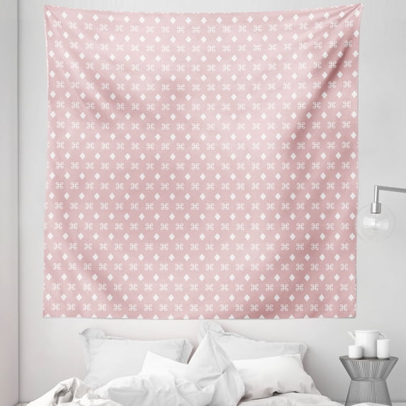 Geometric Tapestry, Pastel Pink Colored Repeated Little Rhombus Shapes Celtic Knots Illustration, Fabric Wall Hanging Decor for Bedroom Living Room Dorm, 5 Sizes, Blush and White, by Ambesonne