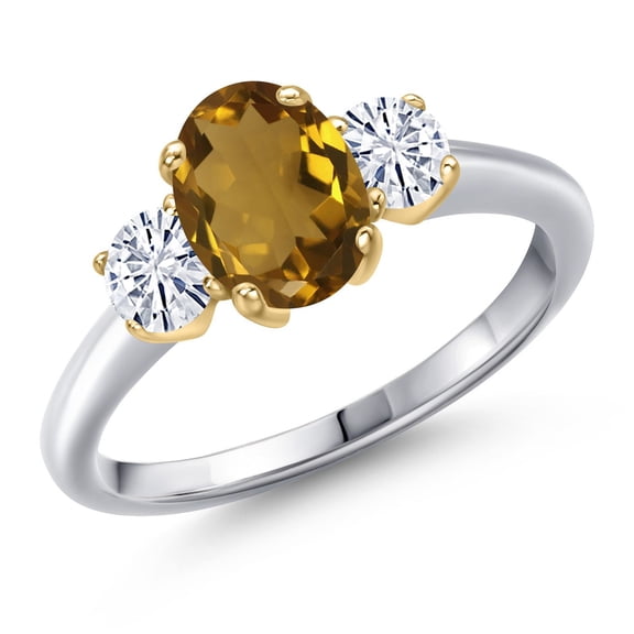 Gem Stone King 925 Silver and 10K Yellow Gold Whiskey Quartz and White Moissanite Engagement Ring for Women | 1.46 Cttw | Oval 8X6MM | Gemstone Birthstone | Size 7