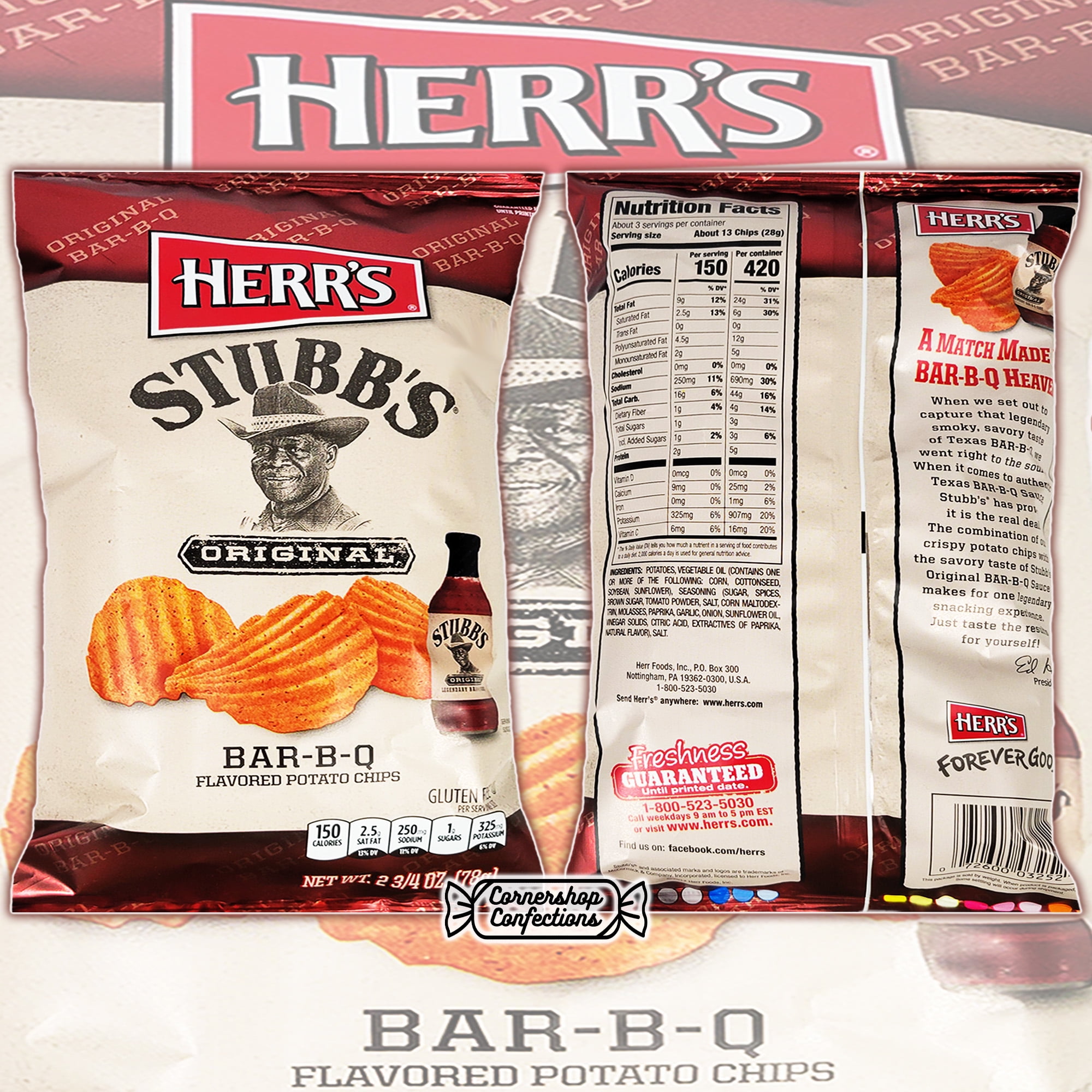 Herr's Stubb's Original BBQ Potato Chips 8 Bag Bulk Pack - 8 Individually Sealed Bags of BBQ Flavored Potato Chips - Friendly Challenges, Movie Night, School Snack in Cornershop Confections Pack