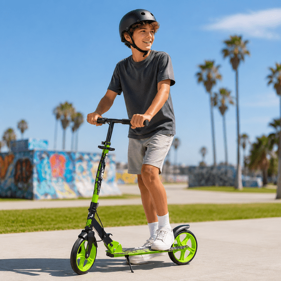 Wheelive Kick Scooter for Ages 6 , Foldable 3-Level Adjustable Scooter for Kids, Teens & Adults, 9-Inch Big Wheels, Max Load 220 lbs, with Kickstand, Green