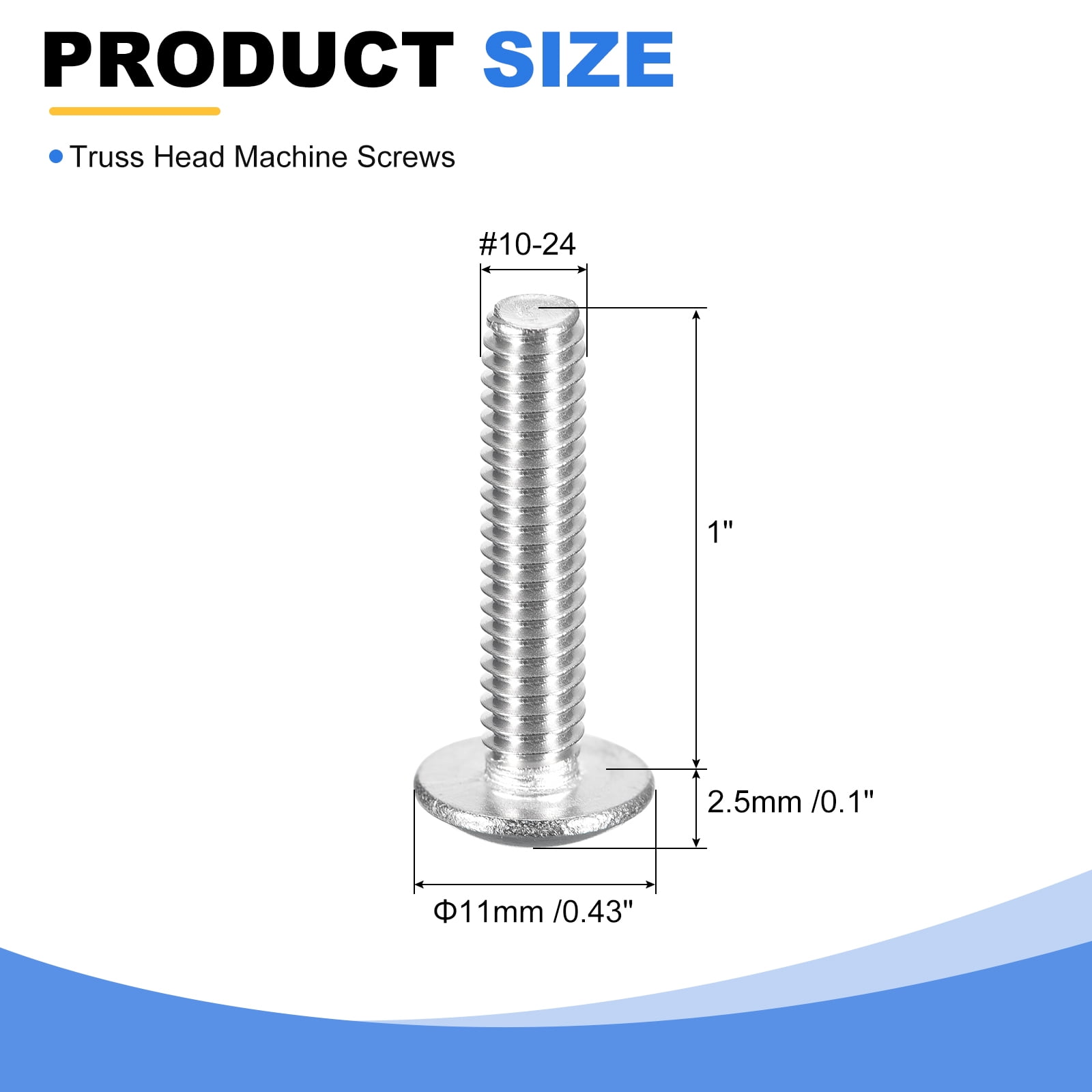 #10-24 x 1" Truss Head Phillips Machine Screws, Full Thread, 304 Stainless Steel, 100 Pack