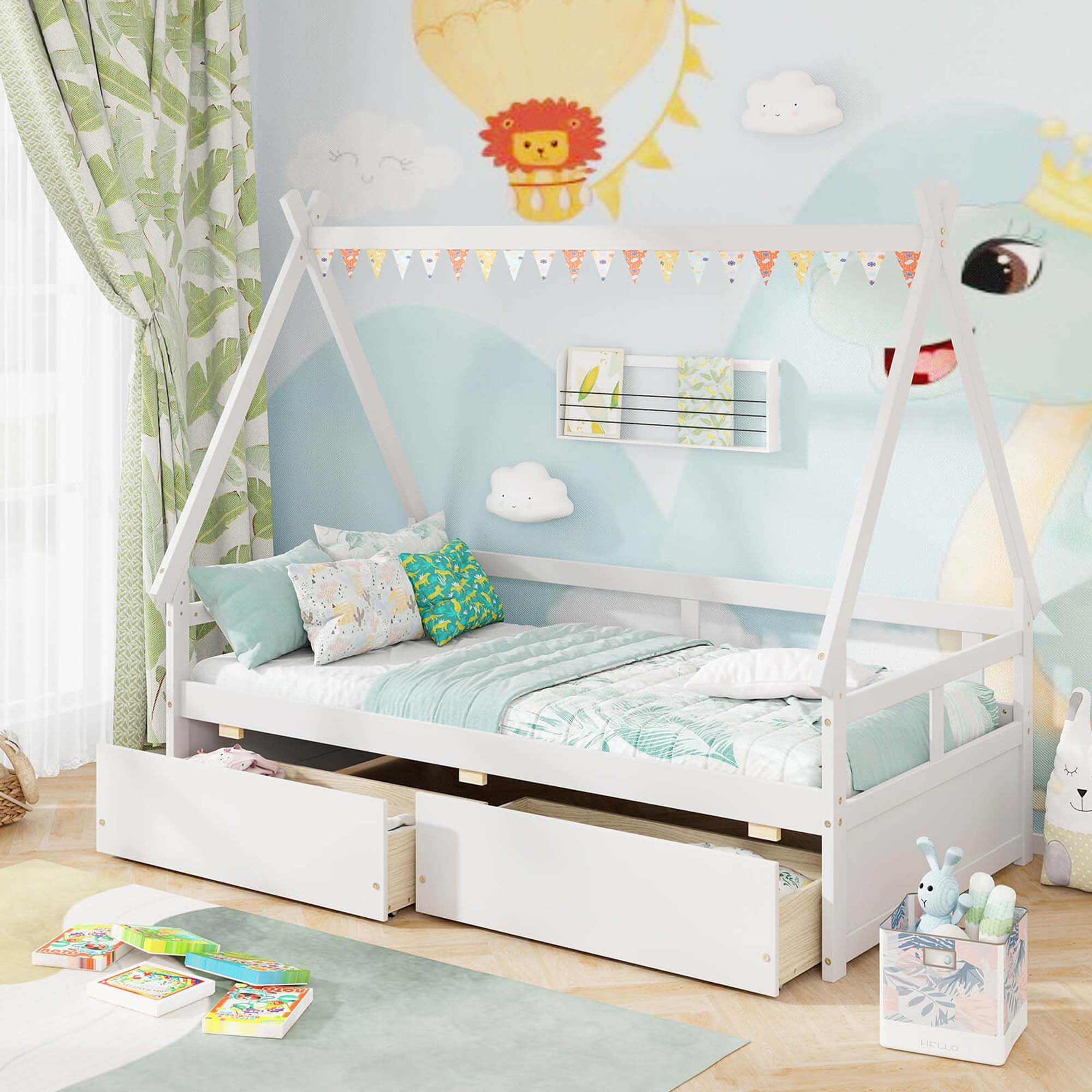 Costway Twin Size House Bed with Roof Safety Guardrail 2 Storage Drawers Wood Slat Support White