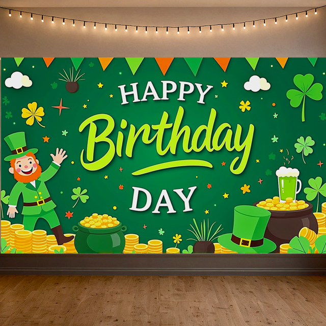 Green Theme Day Banner Irish Design Leprechaun Style Decorative Backdrop for St. Patrick's Day Party Celebration Event