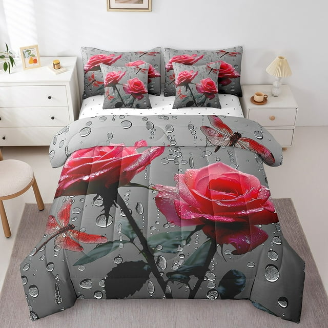 Ensemble de Douillette Taille Simple à Roses Rouges avec Draps, Fleurs de Jardin, Libellule - Ensemble Lit en Sac 7 Pcs Simple, Esthétique Rustique, Ensembles de Literie Animale avec Douillette, Drap Plat, Taies d'Oreiller et Couvre-Oreillers