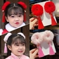 thumbnail image 2 of Aunavey Chinese Style Hair Clips Red Tassel Hairpins Hairy Furry Balls Bows Barrettes Chinese New Year Pom Hairpin 3Pairs, 2 of 5