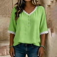 thumbnail image 5 of Otntypg Womens Linen Tops Elbow Length Sleeve Lace Trim Button V Neck T-shirt Dressy Casual Work Blouses Summer Outfits Beach Vacation Tunic Tees Shirt Green XXL, 5 of 7