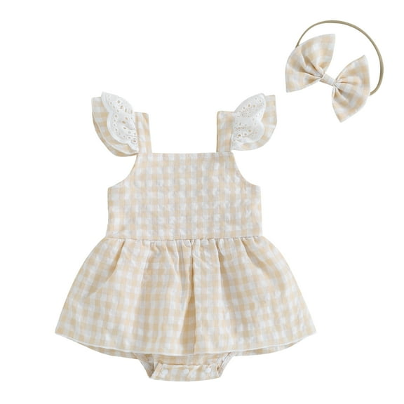 Bagilaanoe Newborn Summer Outfits Baby Girl Rompers Dress Plaid Print Fly Sleeve Bodysuits Headband 3M 6M 12M 18M Infant Patchwork A-line Dresses