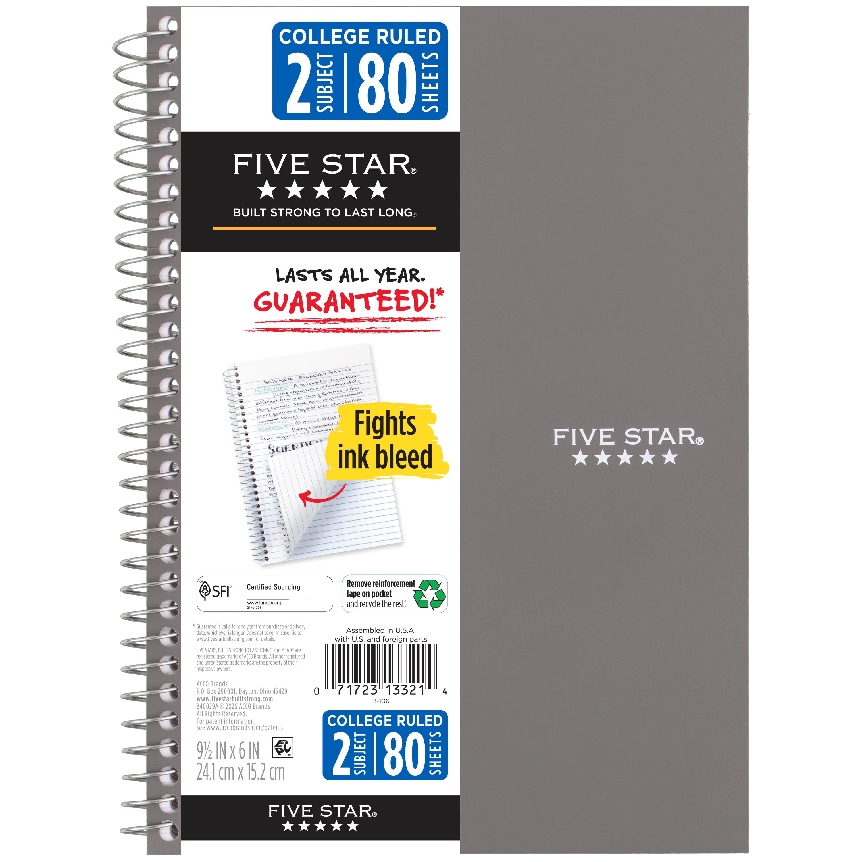 (2 pack) Five Star Spiral Notebook, 2 Subject, College Ruled, 6" x 9.5", Gray