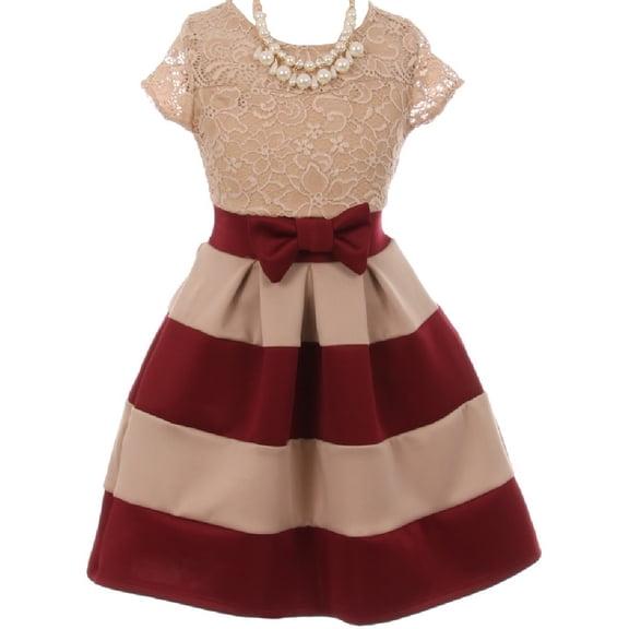 Flower Girl Dress Stripe Pattern Lace Bodice with Necklace for Little Girl Burgundy 4 JKS2016