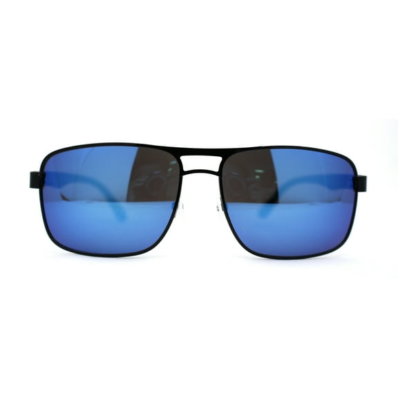 Mens Color Mirror Classic Rectangular Metal Rim Officer Sunglasses Black Blue Mirror