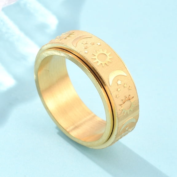 4 pc Star & Moon & Sun Stainless Steel Rotatable Finger Ring Fidget Spinner Ring for Calming Worry Meditation Golden US Size 8 1/2(18.5mm)