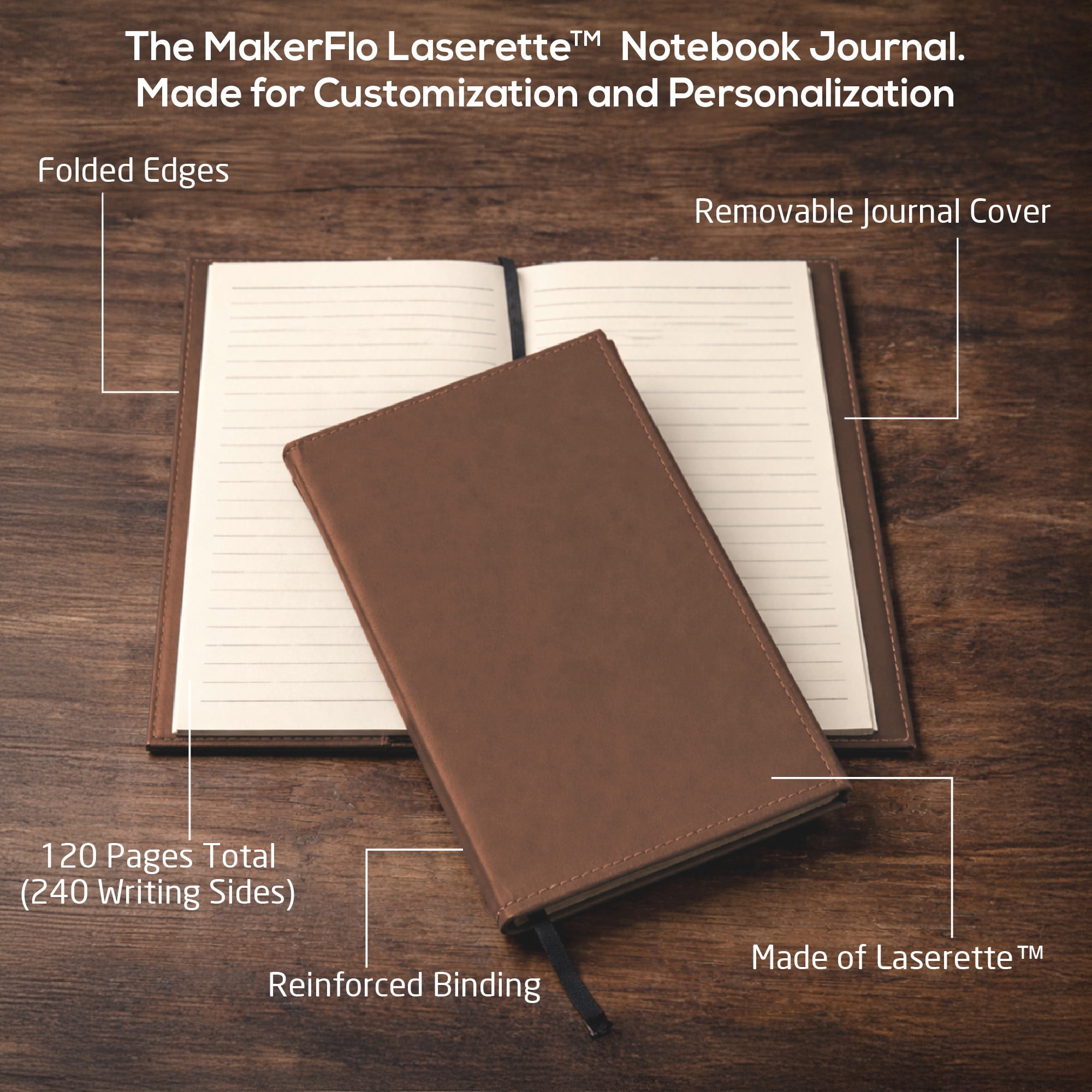 MakerFlo Laserette Refillable Journal for Adults, 8.75" x 5.5", Vegan Leather Cover with Lined Pages, pack of 12, Brown