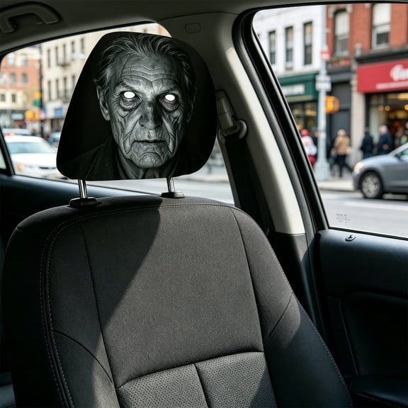 Halloween Face Print Stretch Car Headrest Cover Set O, Universal Elastic Seat Protector, Spooky Car Interior Decoration Accessories