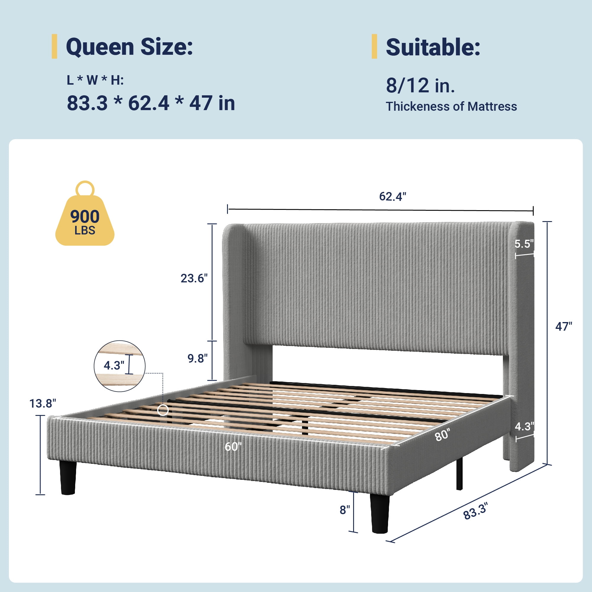 Allewie Queen Corduroy Upholstered Platform Bed Frame with Vertical Channel Tufted Wingback Headboard, 8" Under Bed Storage, Wooden Slats and Metal Frame Support, No Box Spring Needed, Light Gray