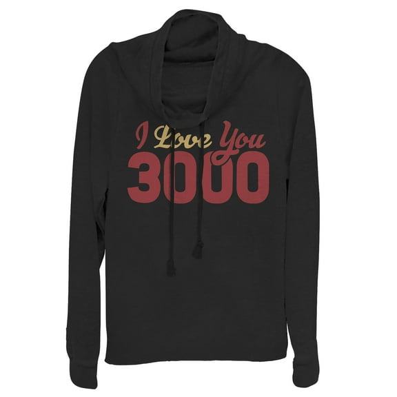 Junior's Marvel Iron Man Love 3000 Script  Cowl Neck Sweatshirt Black X Large