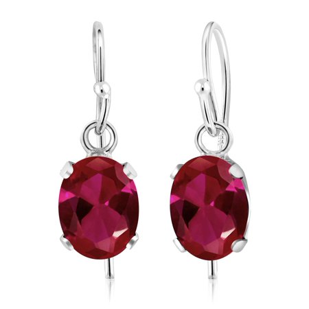 - 1.88 Ct 7x5mm Oval Red Created Ruby 925 Sterling Silver French Wire Earrings