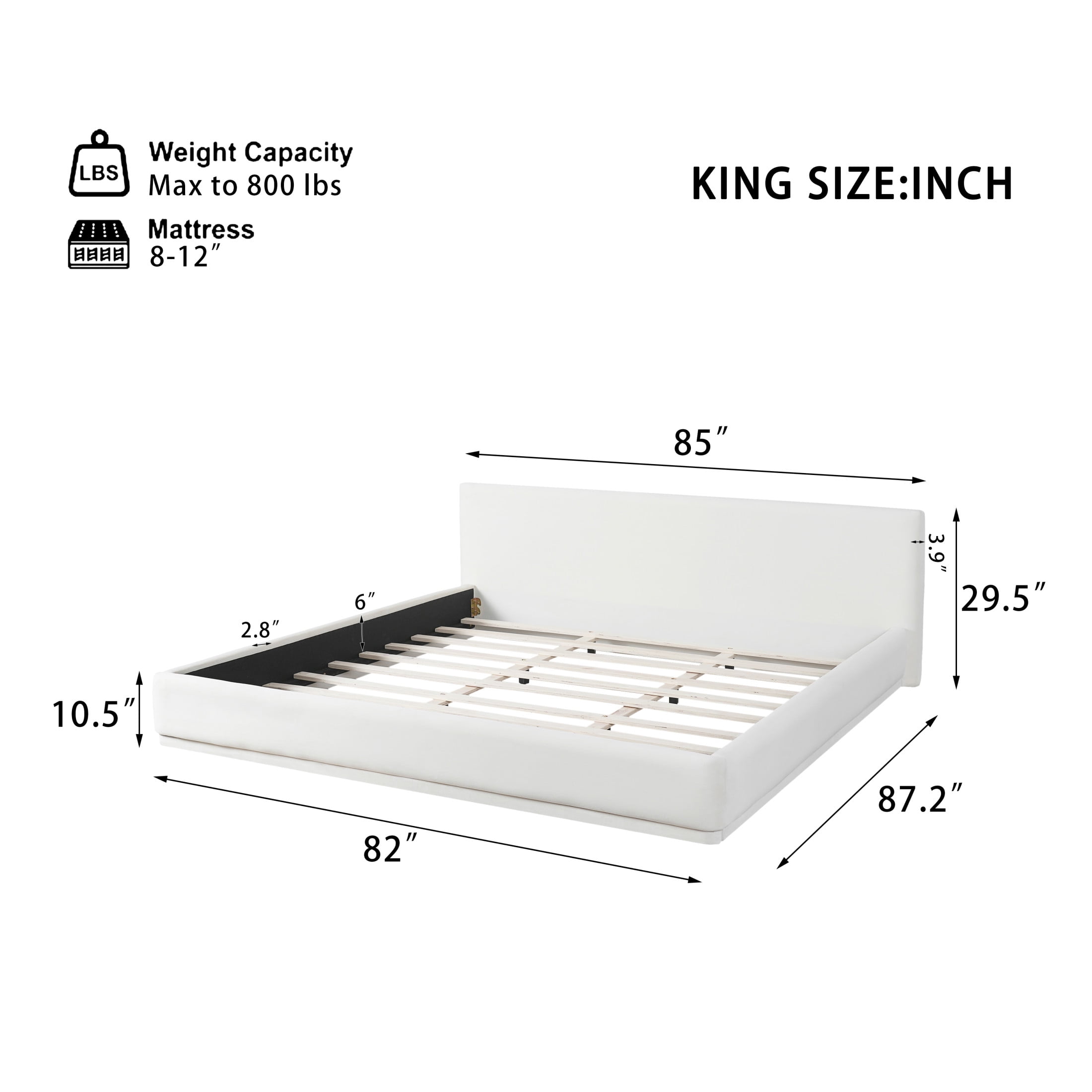 Christopher Knight Home Velvet Upholstered King Bed, Solid Wood Platform Bed Frame, White