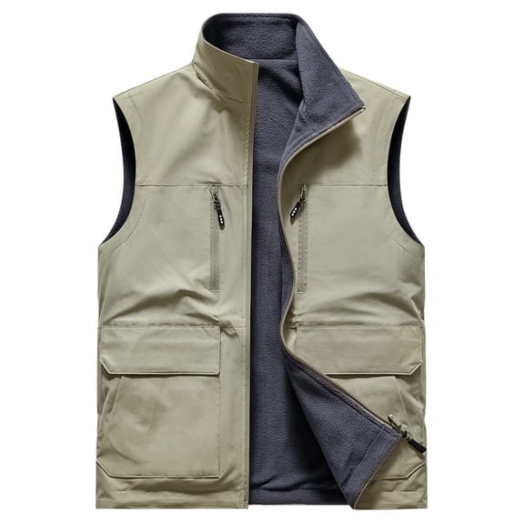 Gfyviroh Mens Fleece Lined Vests Multi Pockets Waterproof Sleeveless Jackets Turn-down Collar Zip Up Vest Coats