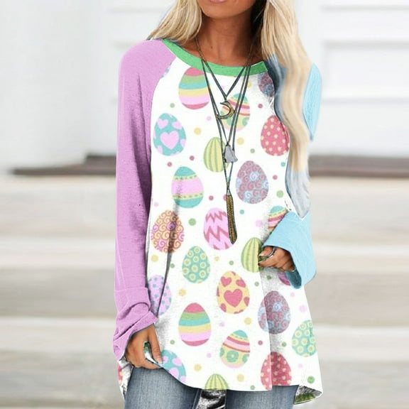 OKBOP Womens Tops Plus Size Crew Neck Long Sleeve Easter Eggs T-Shirts Shirts for Women