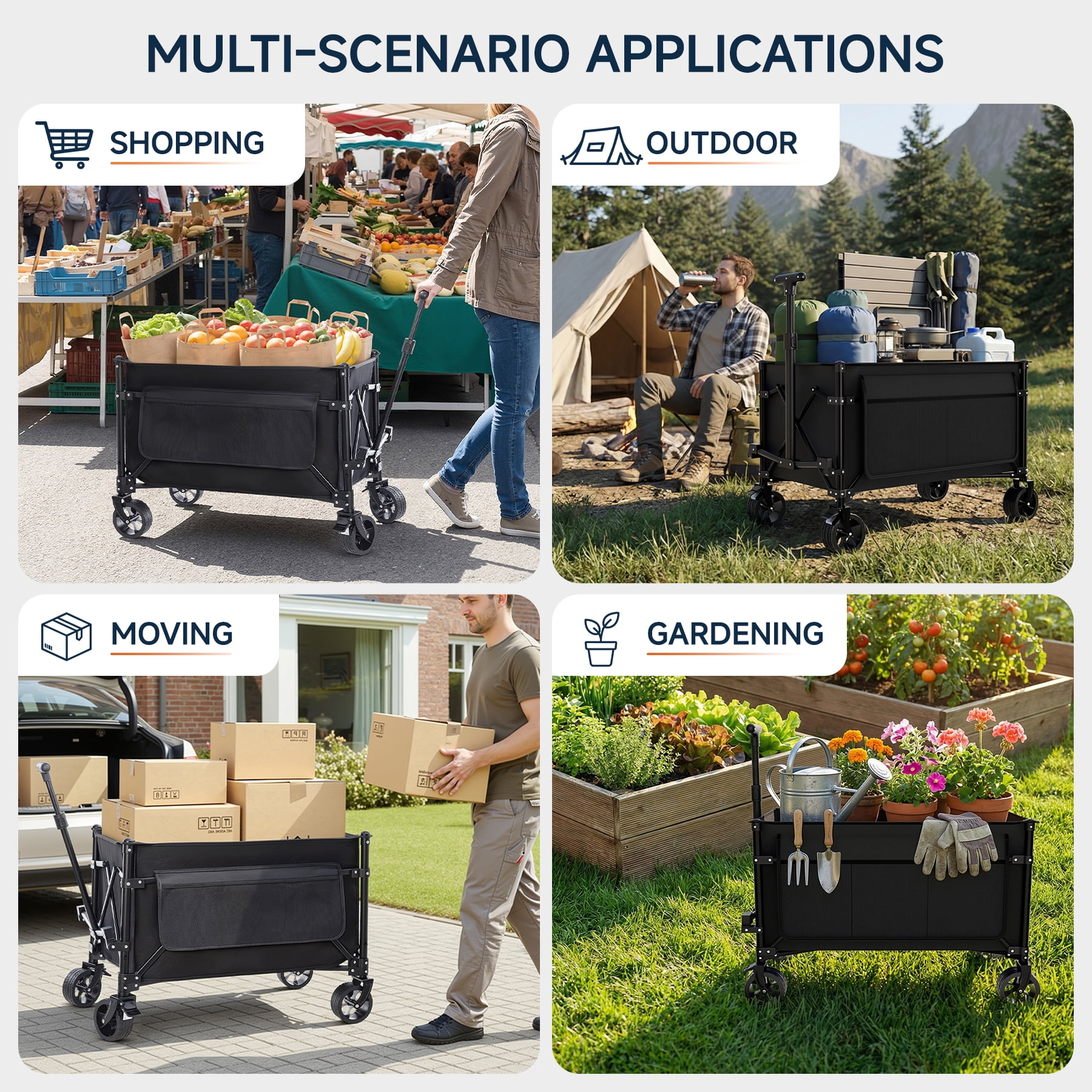 Favoyard Collapsible Wagon Cart, Portable Utility Wagon with All-Terrain Wheels and Brakes, for Camping, Grocery, Garden, 150L and 360lbs, Black
