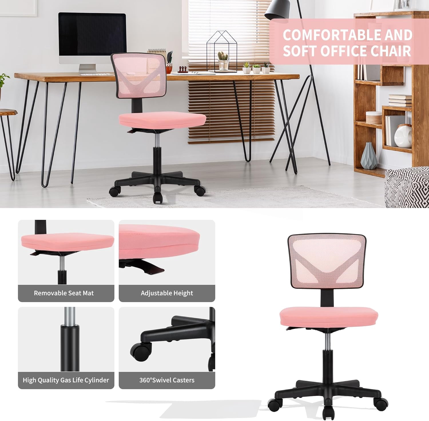 QUIOCOZY Armless Small Home Office Desk Chair, Ergonomic Low Back Computer Chair, Adjustable Rolling Swivel Task Chair with Lumbar Support for Small Space