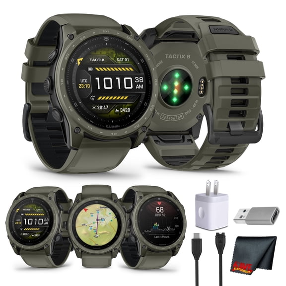 Garmin tactix 8 Tactical Smartwatch 51mm, AMOLED Touchscreen, Multiband GPS, Applied Ballistics Ultralight Solver, Titanium Sapphire Case, Built-In Flashlight, Olive Drab Cerakote Bundle