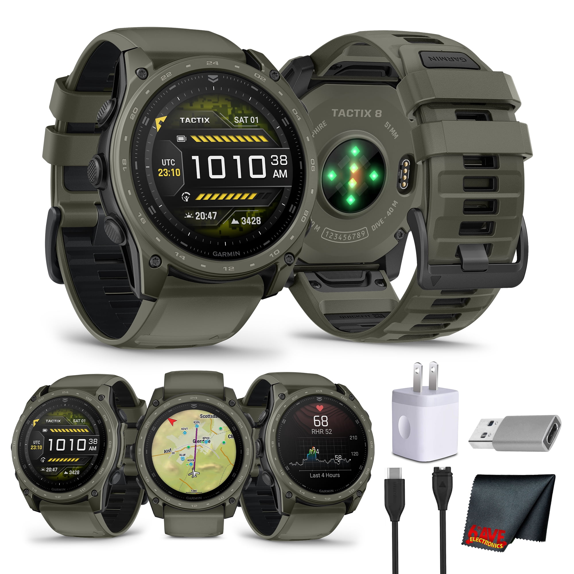Garmin tactix 8 Tactical Smartwatch 51mm, AMOLED Touchscreen, Multiband GPS, Applied Ballistics Ultralight Solver, Titanium Sapphire Case, Built-In Flashlight, Olive Drab Cerakote Bundle