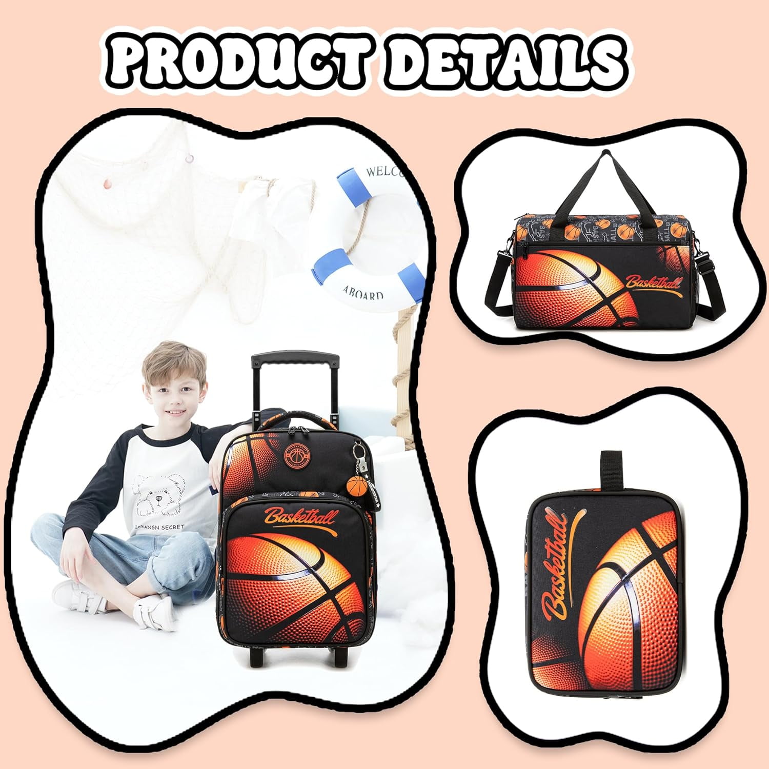 Kids Carry on Luggage Sets Rolling Suitcases with Wheels for Boys Suitcase with Duffle Bag Lunch Box Airline Approved