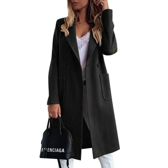 Bellella Women Pea Coats Solid Color Jacket Long Sleeve Trench Coat Warm Lapel Neck Overcoat Holiday Outwear Black 2XL