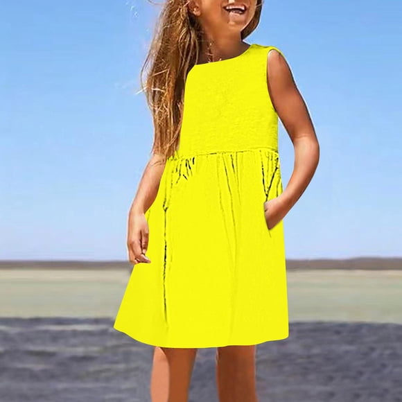 Robe Sans Manches à Col Rond, Robe pour Petites Filles, Imprimé Quotidien Vacances, Sans Manches, Décontractée, Mignonne, Douce