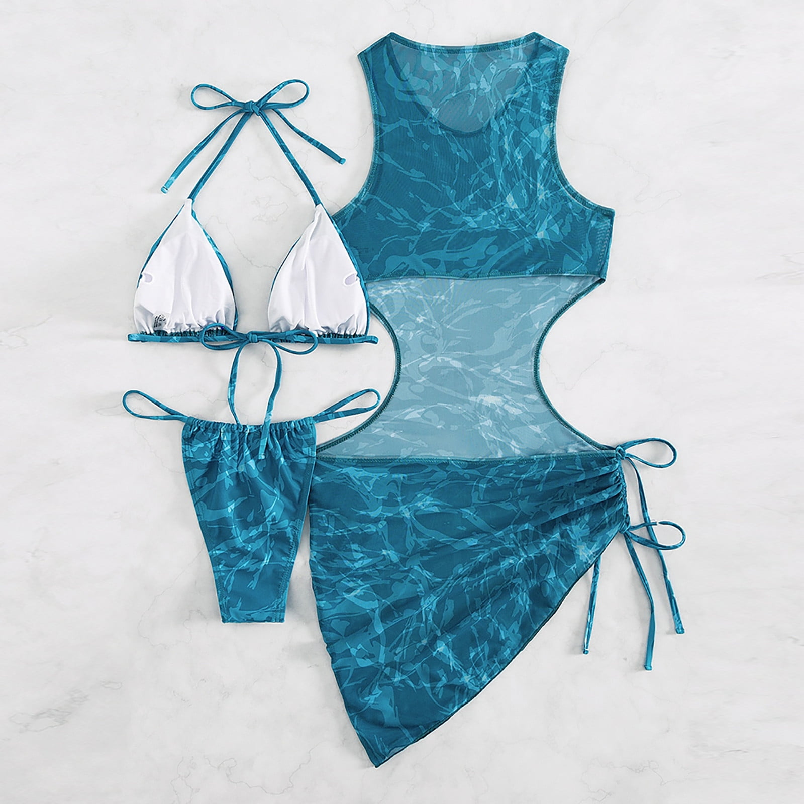Women 3 Piece Swimsuits Halter Triangle String Bikini Set with Mesh Drawstring Cover Up Dress Beach Bathing Suit - image 3