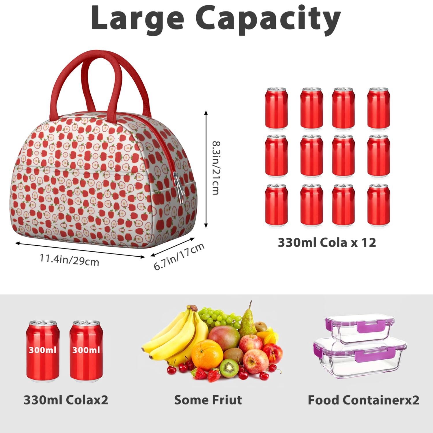 Apple Lunch Bag for Women – Cute Red & Green Fruit Print Tote with Cartoon Design and Leaves, Insulated & Leakproof, Aesthetic Lunch Box for Work or Apple Lover Gifts by CandyC