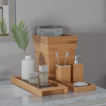 ZeloraGildan 5pc Bathroom Decor Set Bamboo Vanity Accessories 5.4lbs 9.6H x 9.7W Natural