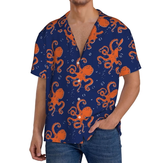 Balery Octopus Camisa Casual de Manga Corta con Botones para Hombre, Texturizada, Estilo Cubano, para Playa, Verano-XX-Large