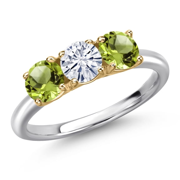 Gem Stone King 10K Two Tone Gold White Moissanite and Green Peridot Engagement Ring for Women | 1.60 Cttw | Round 5MM | Gemstone Birthstone | Size 5