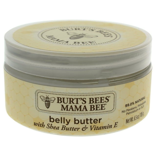 Mama Bee Butter Ventre par Burt's Bees pour Enfants - Crème de 6,5 oz dans un Contenant Rond avec une Étiquette beige à Motif Nid d'Abeilles. l'Étiquette Met en Valeur Ses Ingrédients Naturels, Y Compris Beurre de Karité, Beurre de Cacao et Beurre de jojoba, Conçue pour Hydrater et Nourrir la Peau Qui s'Étire avant et après la Grossesse. le Produit Est Sans Phtalates, Parabènes, petrolatum et SLS.
