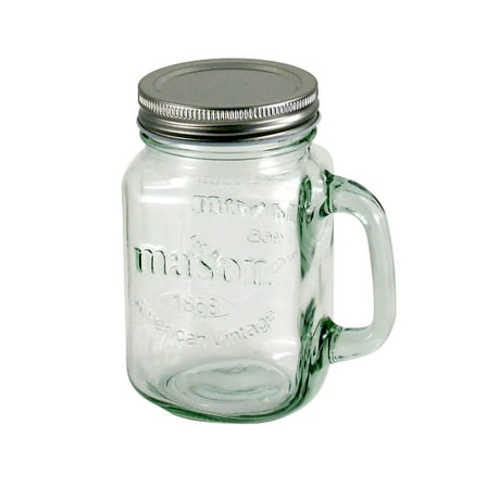 Grant Howard Mason Classics Vintage Glass Jar Mug, Metal Emboss Top, 16 Ounces, Food Storage Canning Container, Clear