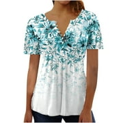 FAVIPT Floral Tops for Women Print Button V Neck T Shirt Short Sleeve Flower Pleated Front Loose Summer Casual Blouse Tops