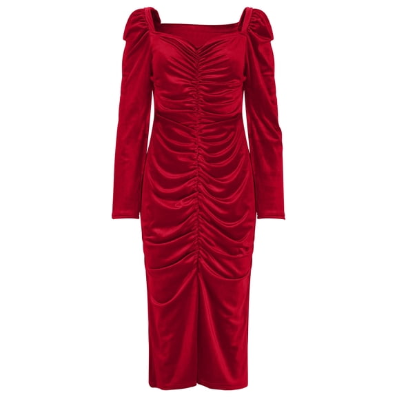 Gfyviroh Women's Vintage Velvet Dress Square Neck Pleated Maxi Dresses Slim Fit Long Sleeve Trendy Dresses