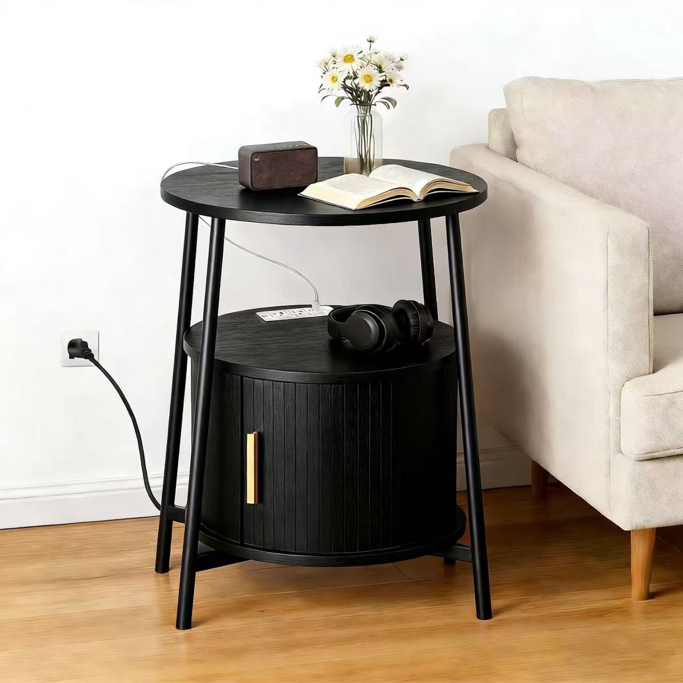 AISWORD Nightstand with Charging Station, Modern Round Bedside Table with Sliding Door Storage, Black
