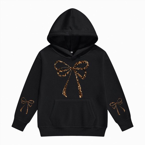 Leey-World Toddler Hoodie Girl's Bow Cheetah Leopard Hoodies Long Sleeve Pullover Tops Preppy Cute Sweatshirts Hoodies(Black,4-5 Years)