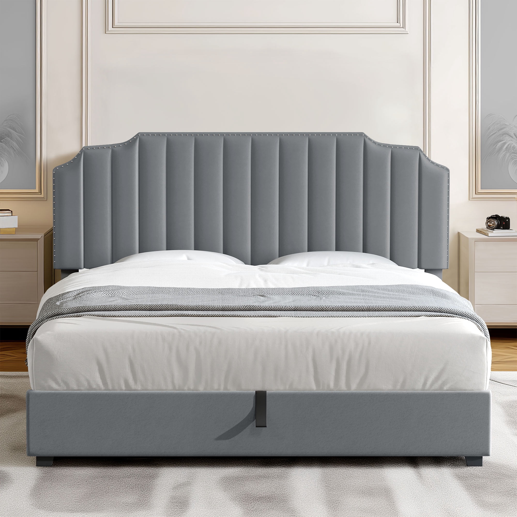 DEXTRUS King Size Lift up Storage Bed, Velvet Upholstered Platform Bed, Fast Assembly, Gray