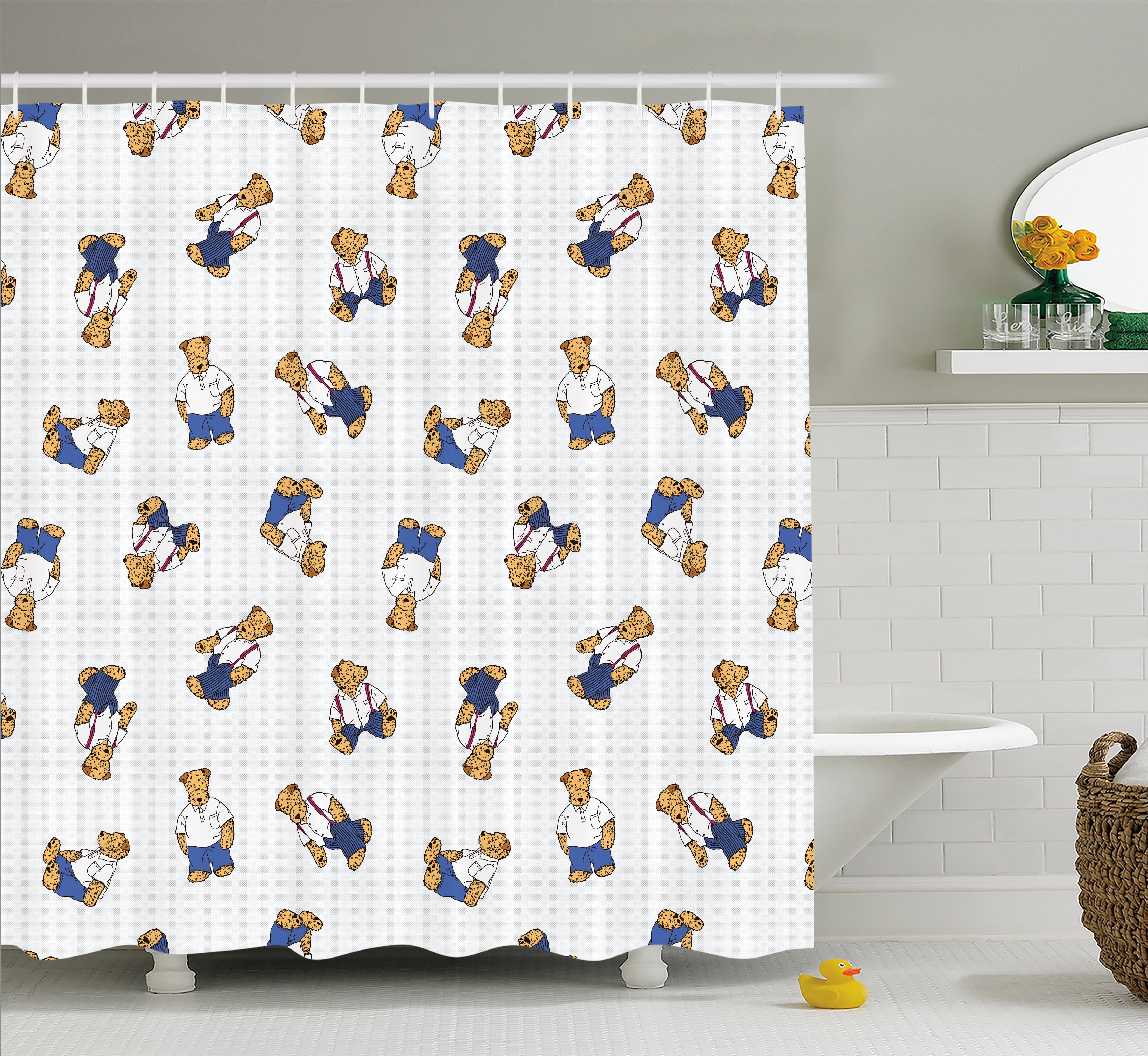 Kids Shower Curtain, Cute Teddy Bear Style Dog on Nostalgic Polka Dots Childish Cartoon, Fabric