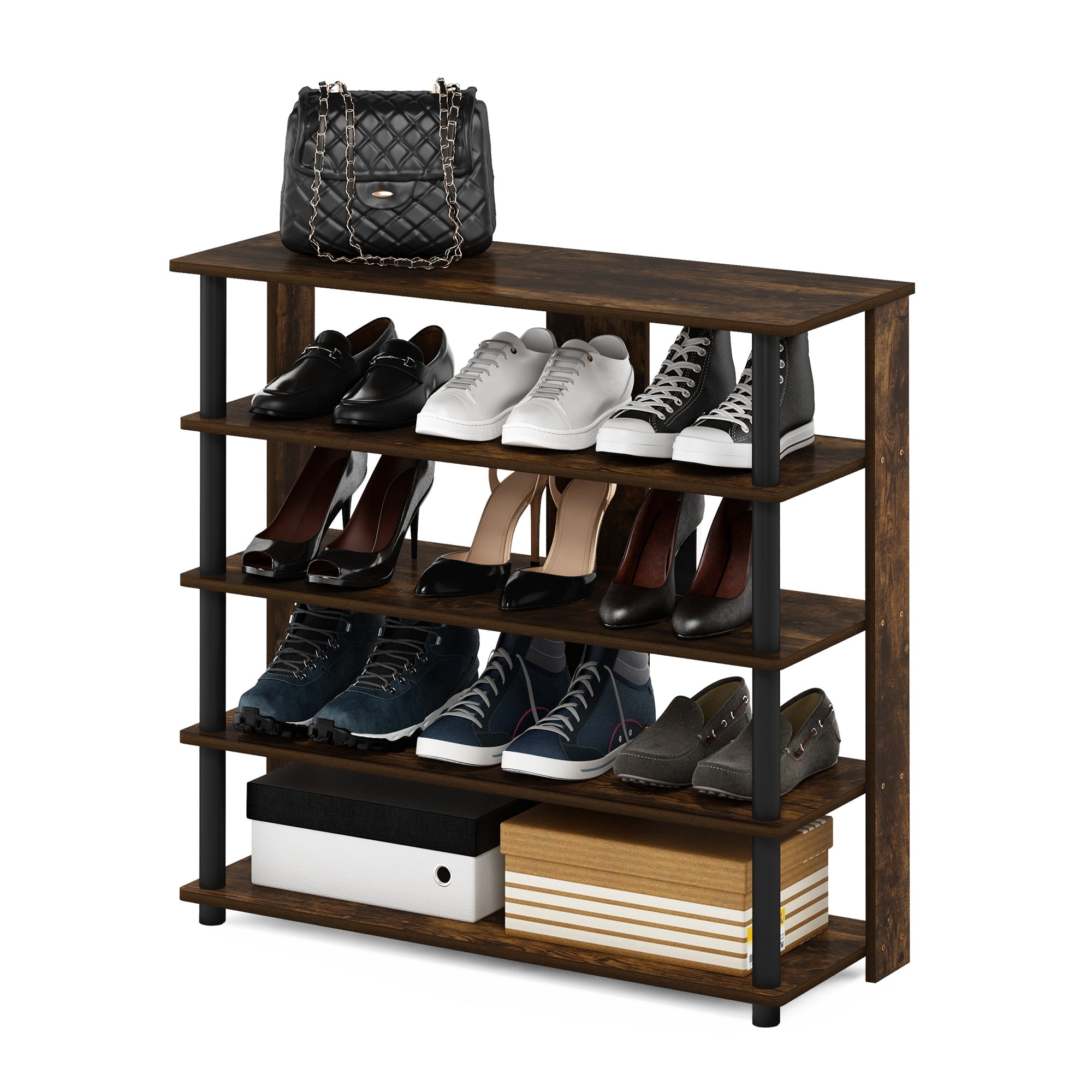 Furinno 5-Tier Turn-N-Tube Shoe Rack, Wood and Plastic, Amber Pine and Black