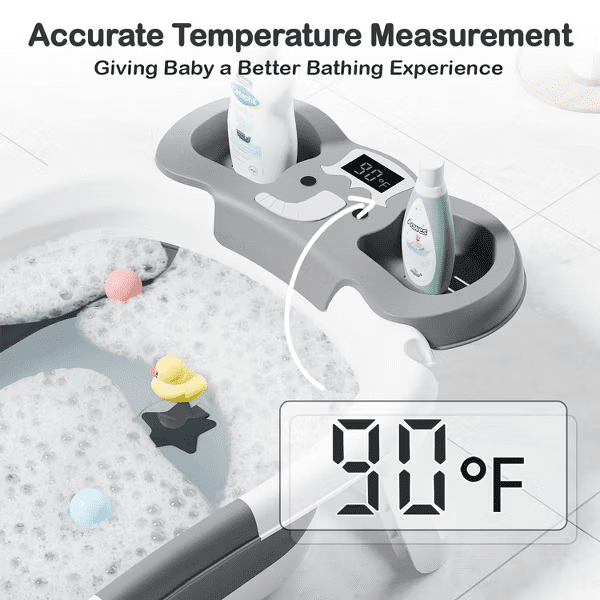 TUMAJUP Foldable Baby ‎Bathtub Elephant PP+TPE with Soft Cushion&Thermometer for 0-36 Months Toddler Gray
