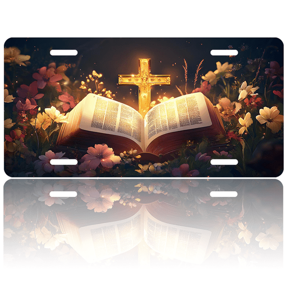 1 Pcs 2D Flat License Plate Covers & Frames, Open Bible For Decorative Front, Waterproof For Decoration Aluminum License Plate Covers & Frames Cover For Men Women, 12" X 6"