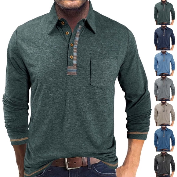 DDAPJ pyju Men's Long Sleeve Polo Shirt Business Casual Polos Regular Fit Plaid Collar Golf Shirts with Chest Pocket Gray XXXL
