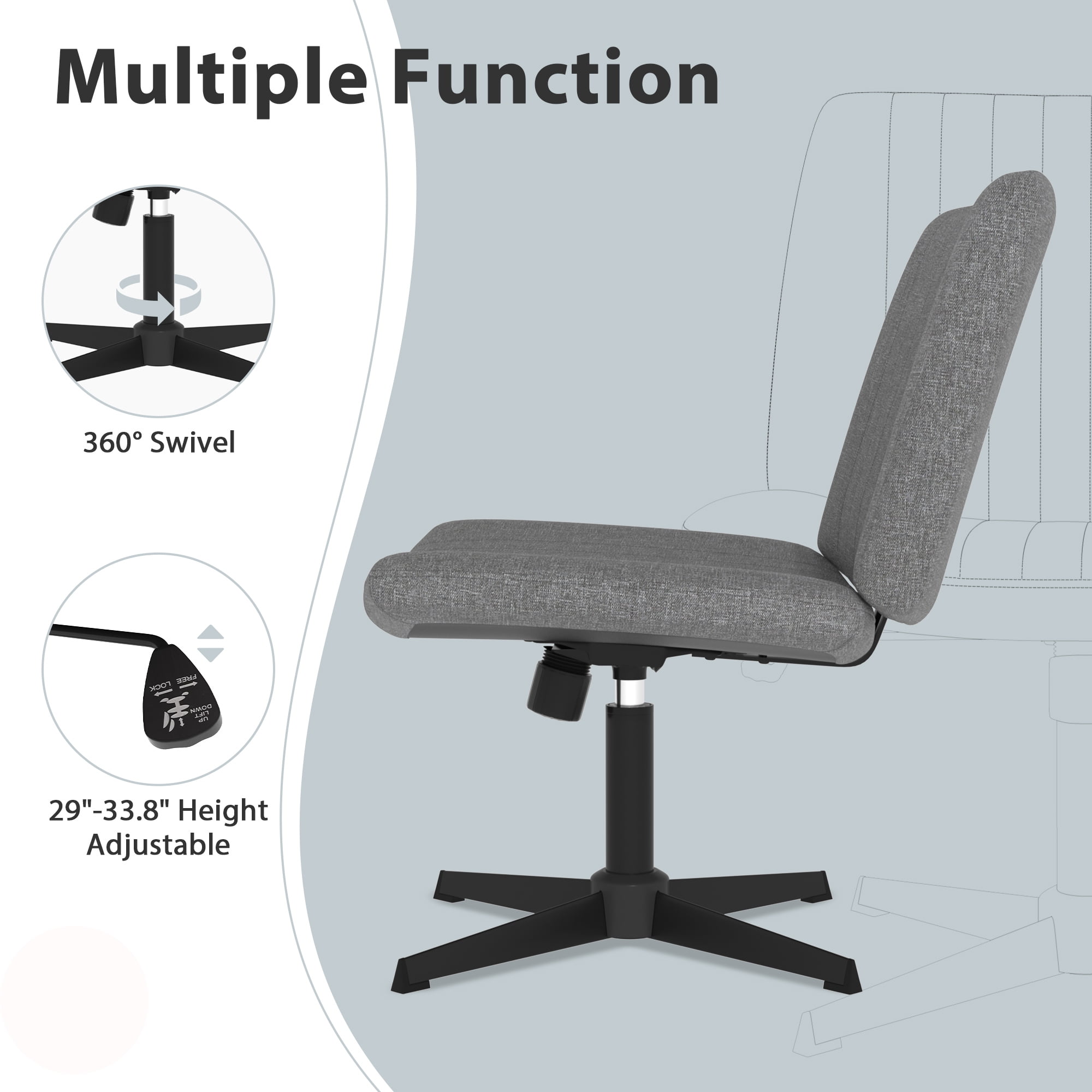 Home Office Chair Armless Criss Cross Legged Chair No Wheels, Wide Comfy Desk Chair Makeup Vanity Chair, Height Adjustable Swivel Fabric Computer Chair Task Chair, Grey